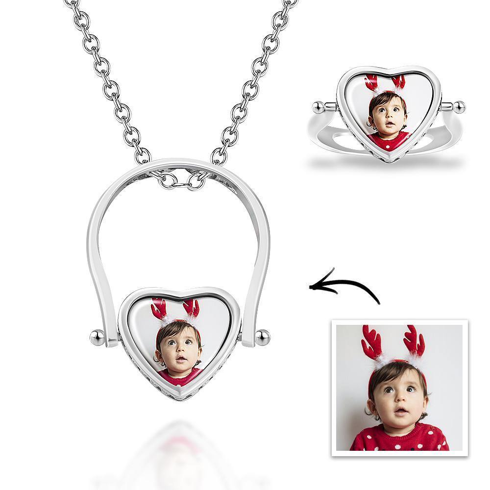 Photo Necklace, Photo Ring Heart-shaped Couple's Gifts Dual-use (Ring Size 5#) Silver - MadeMineAU