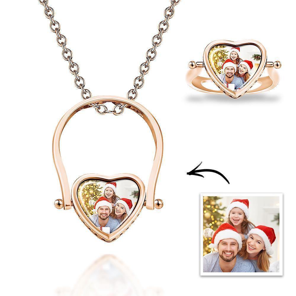 Photo Necklace, Photo Ring Heart-shaped Couple's Gifts Dual-use (Ring Size 5#) Silver - MadeMineAU