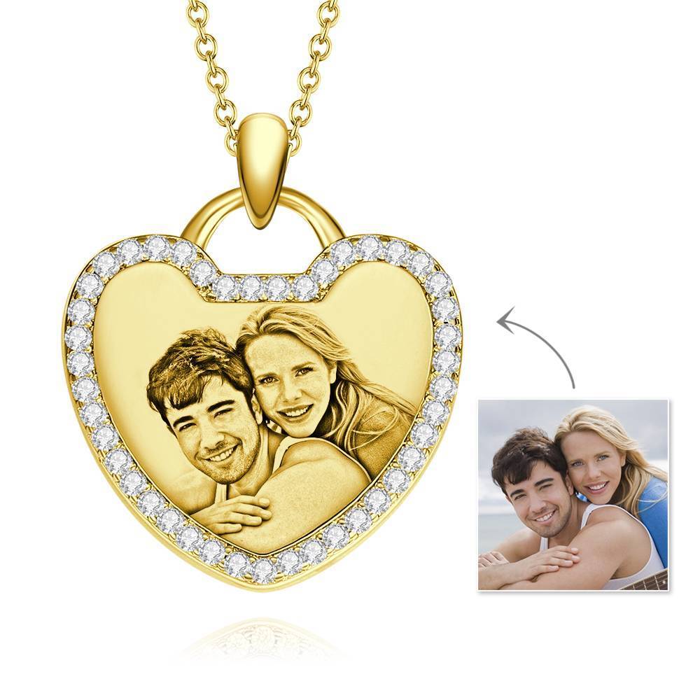 Photo Necklace Heart-shaped with Elegant Rhinestone Crystal 14K Gold Plated - Golden - MadeMineAU