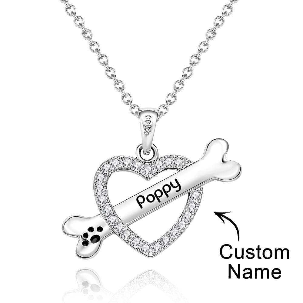 Personalized Bone Necklace With Text Fashion Heart-Shaped Rhinestone Pendant Gift For Her - soufeelus