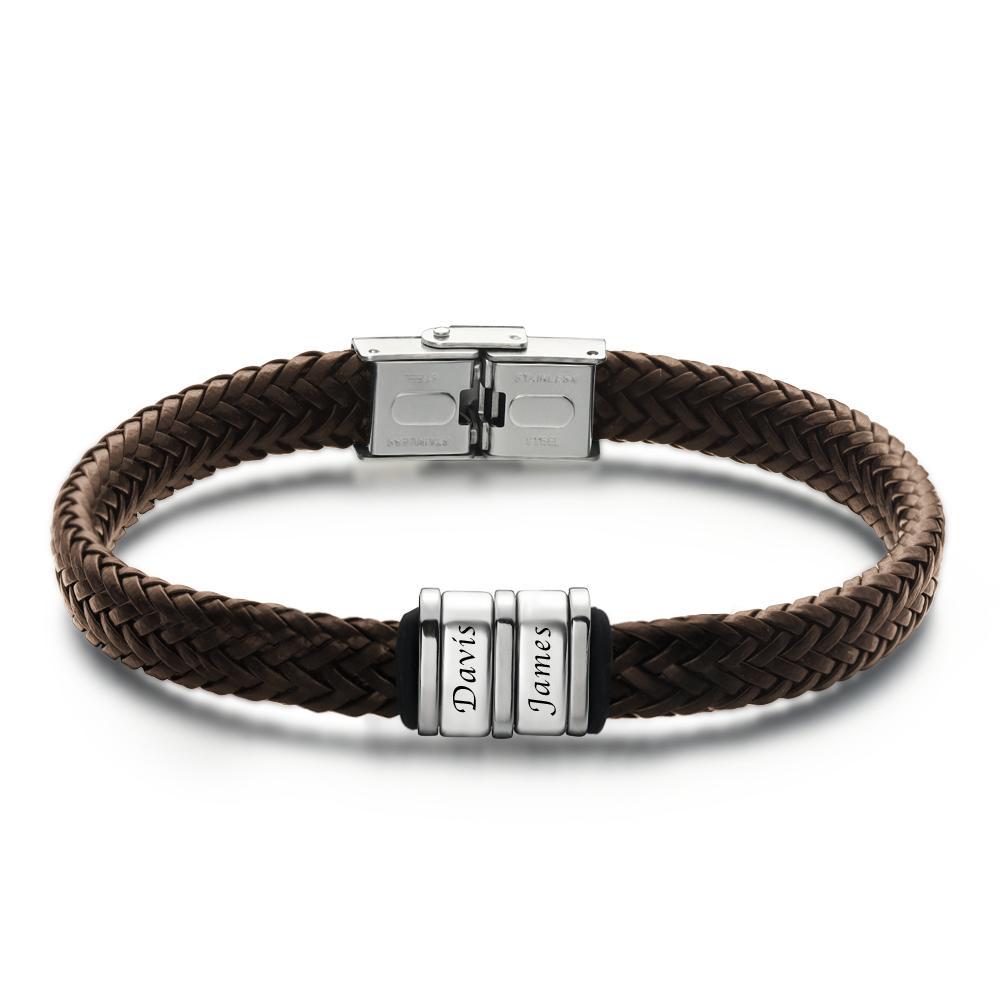 Personalized Bracelet for Men, Custom Gift for Dad Kids Name Bracelet Brown Leather 1-6 Charms - MadeMineAU