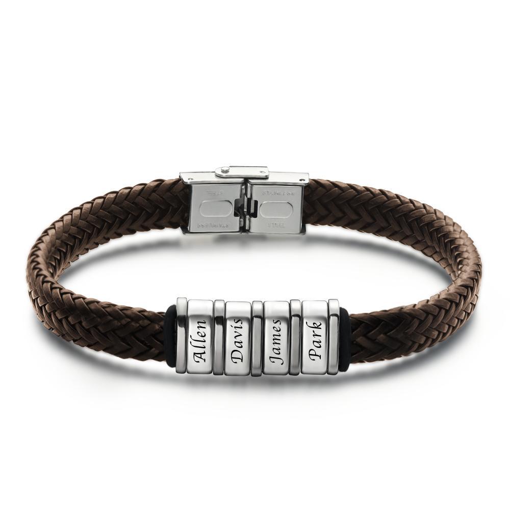 Personalized Bracelet for Men, Custom Gift for Dad Kids Name Bracelet Brown Leather 1-6 Charms - MadeMineAU