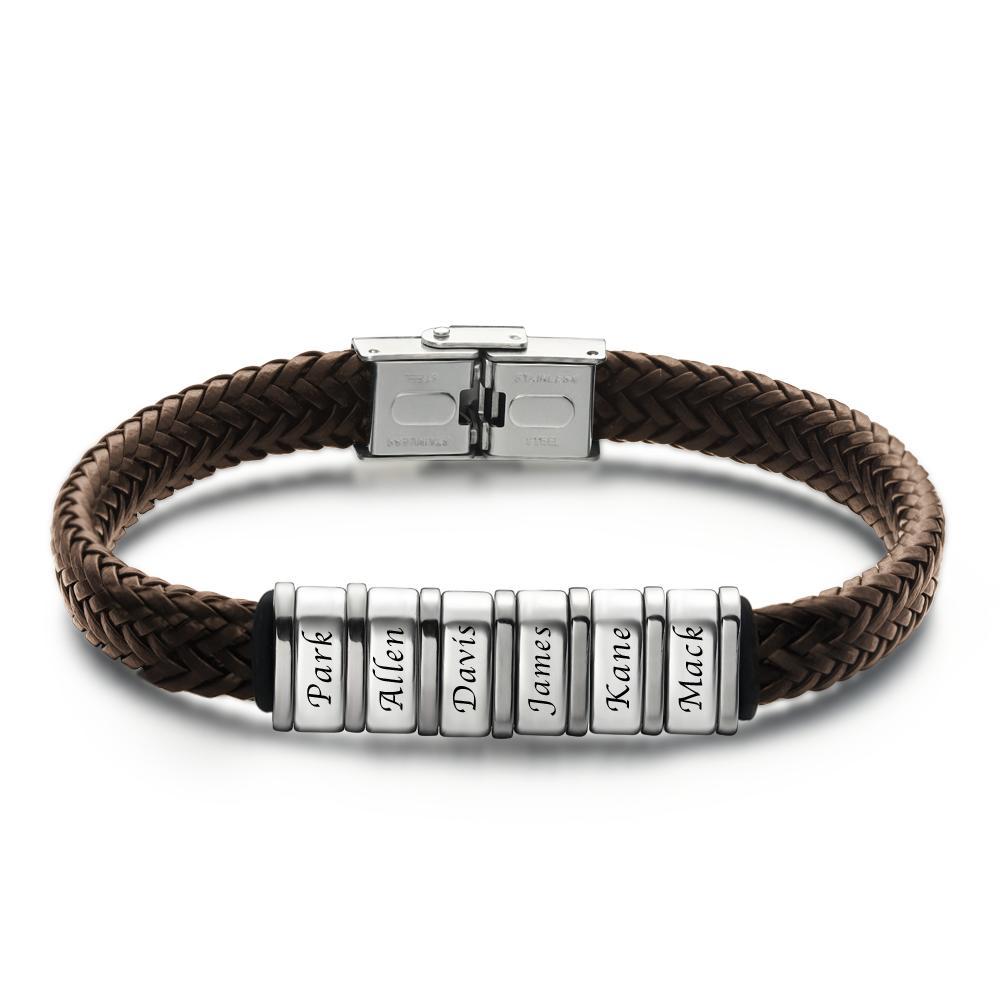 Personalized Bracelet for Men, Custom Gift for Dad Kids Name Bracelet Brown Leather 1-6 Charms - MadeMineAU