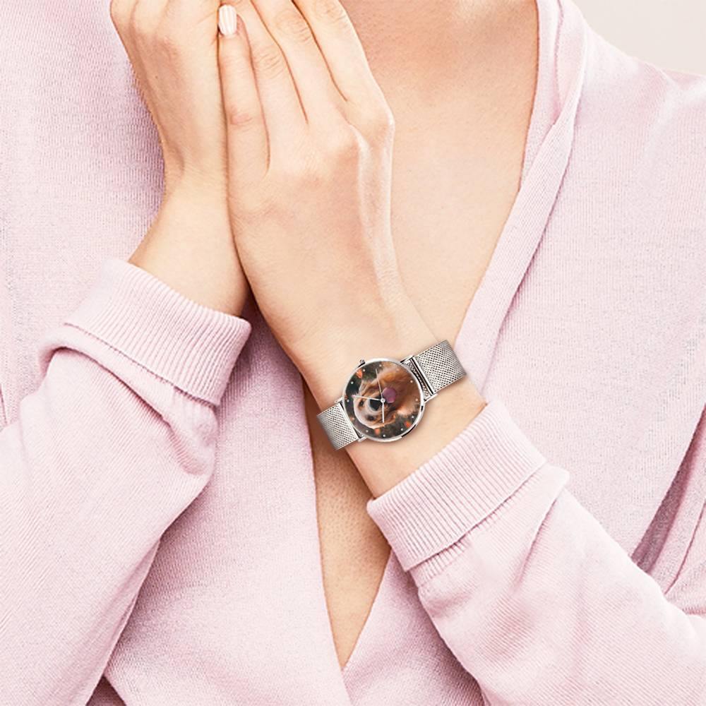 Engraved Photo Watch Alloy Bracelet Strap Silver 36mm - Women's