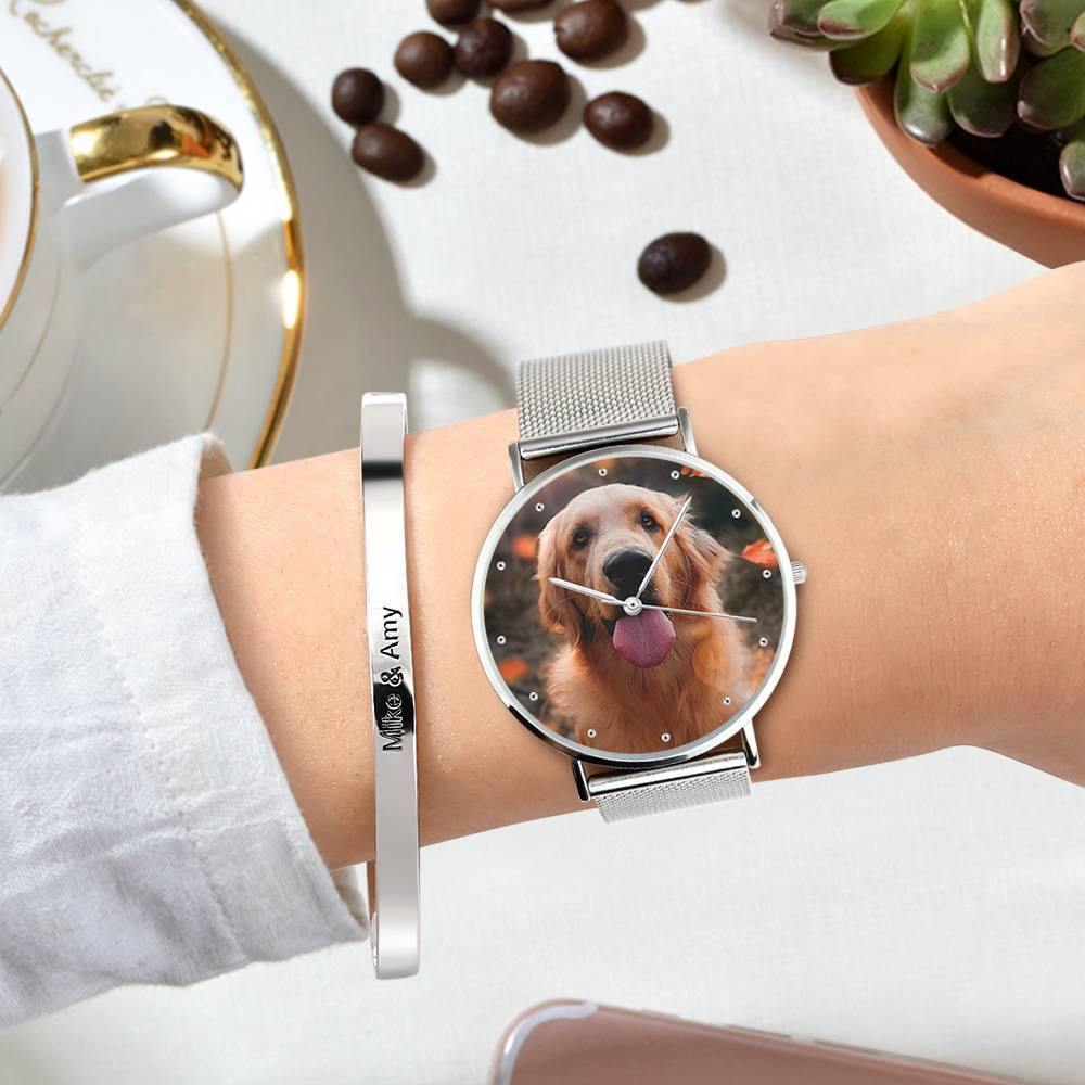 Engraved Photo Watch Alloy Bracelet Strap Silver 36mm - Women's