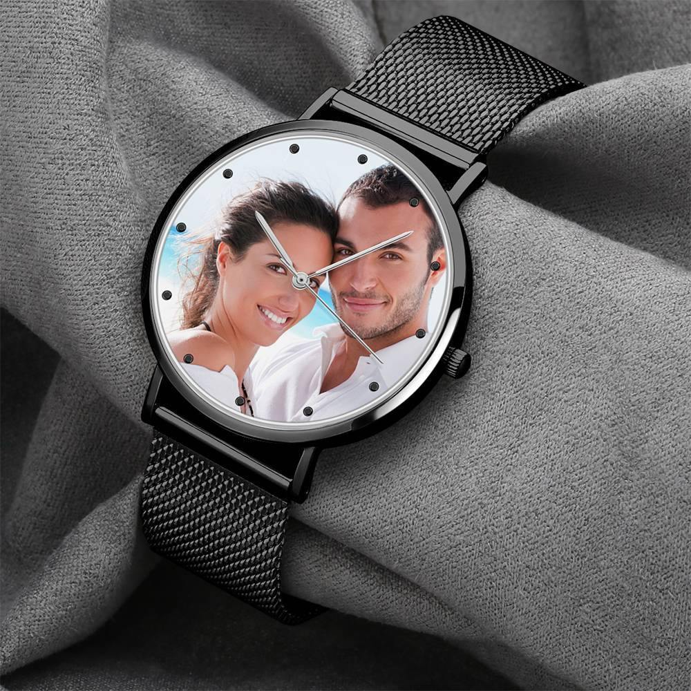 Father's Day Gift -Men's Engraved Black Alloy Bracelet Photo Watch 40mm - photowatch