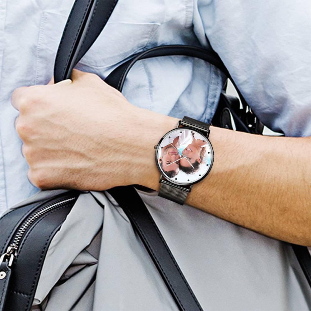 Father's Day Gift -Men's Engraved Black Alloy Bracelet Photo Watch 40mm - photowatch