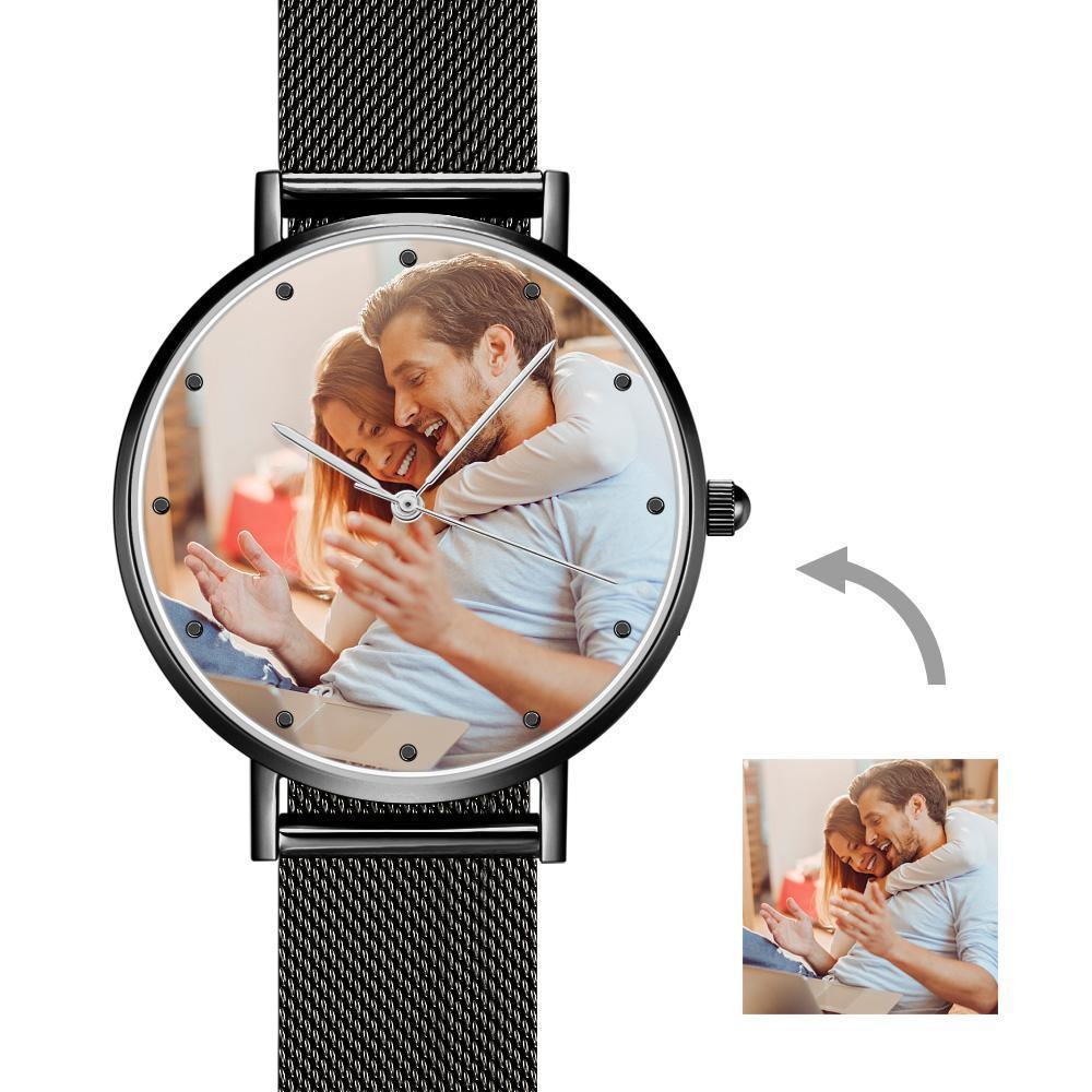 Father's Day Gift -Men's Engraved Black Alloy Bracelet Photo Watch 40mm - photowatch