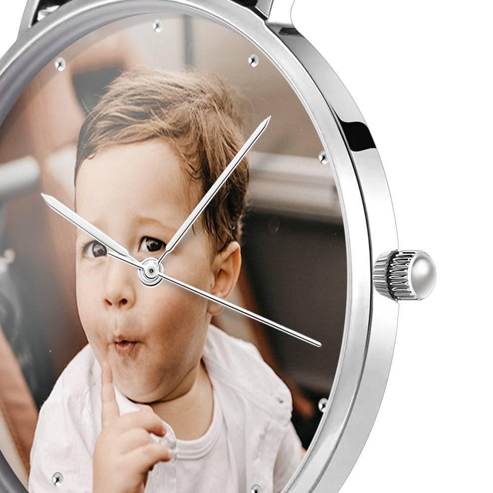 Engraved Photo Watch Keepsake Gift Black Leather Strap 40mm - Unisex - MadeMineAU
