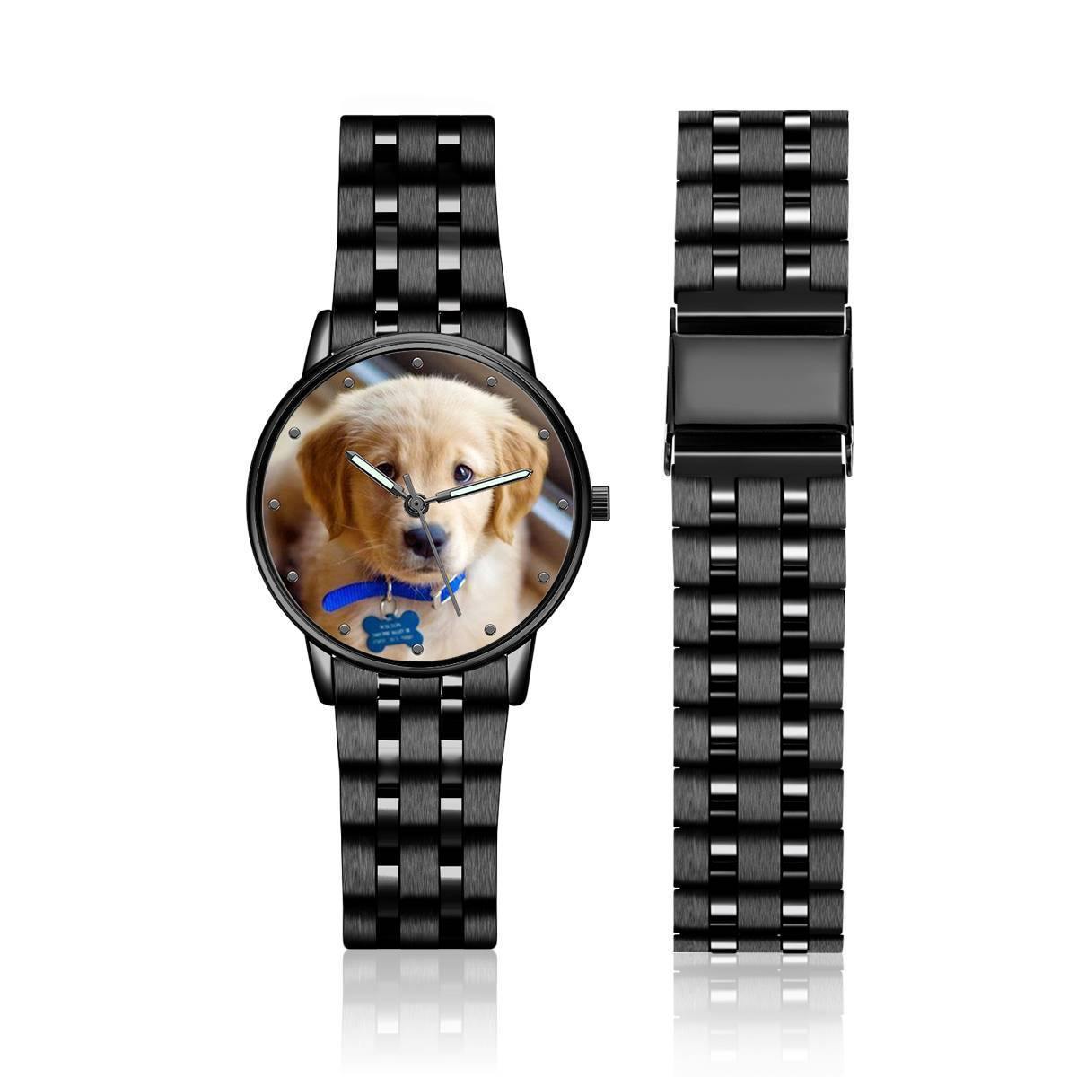 Engraved Photo Watch with Luminous Pointer Black Alloy Bracelet 38mm - Men's - MadeMineAU