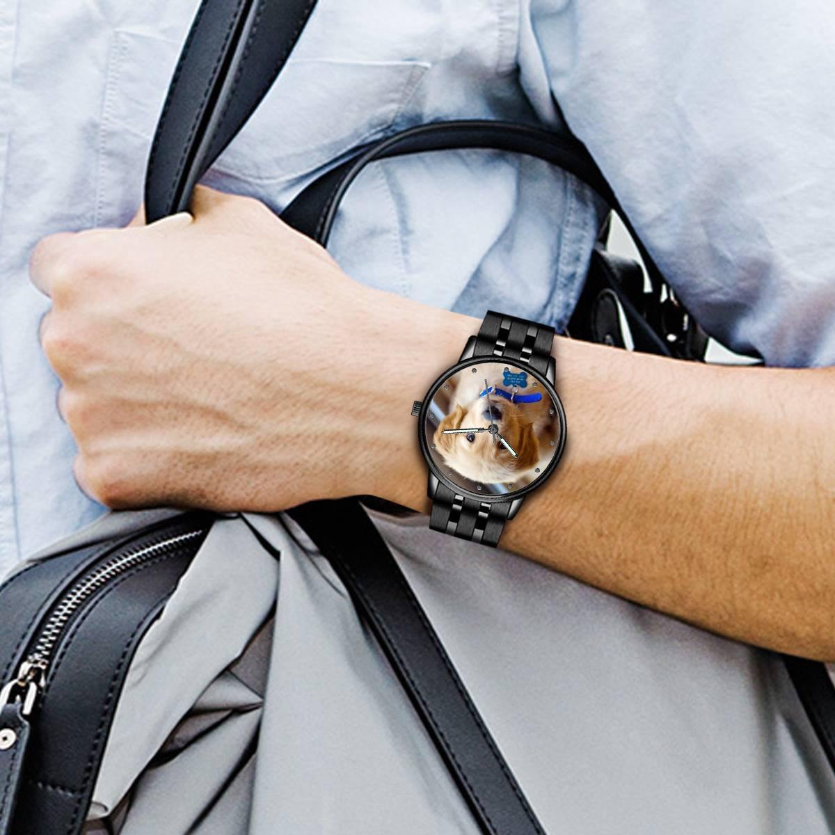Engraved Photo Watch with Luminous Pointer Black Alloy Bracelet 38mm - Men's - MadeMineAU
