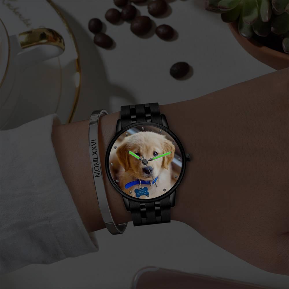 Engraved Photo Watch with Luminous Pointer Black Alloy Bracelet 38mm - Men's - MadeMineAU