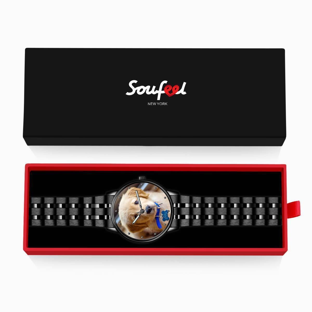 Engraved Photo Watch with Luminous Pointer Black Alloy Bracelet 38mm - Men's - MadeMineAU