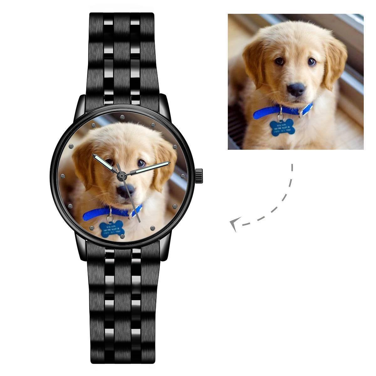 Engraved Photo Watch with Luminous Pointer Black Alloy Bracelet 38mm - Men's - MadeMineAU