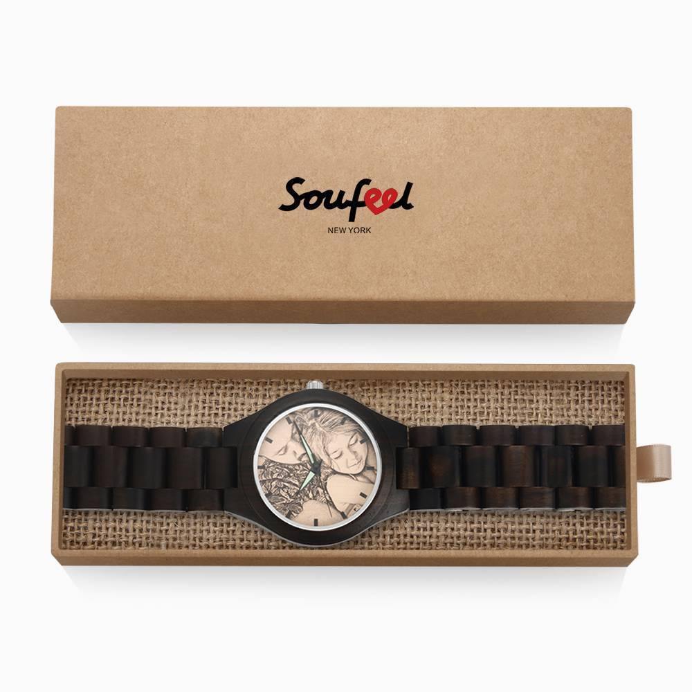 Men's Engraved Wooden Photo Watch All Black Ebony 45mm - photowatch