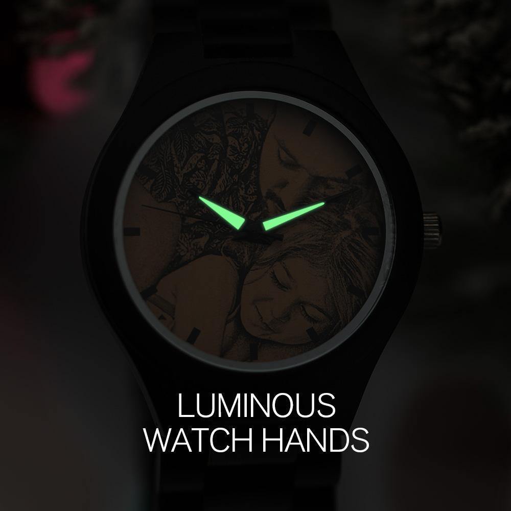 Men's Engraved Wooden Photo Watch All Black Ebony 45mm - photowatch