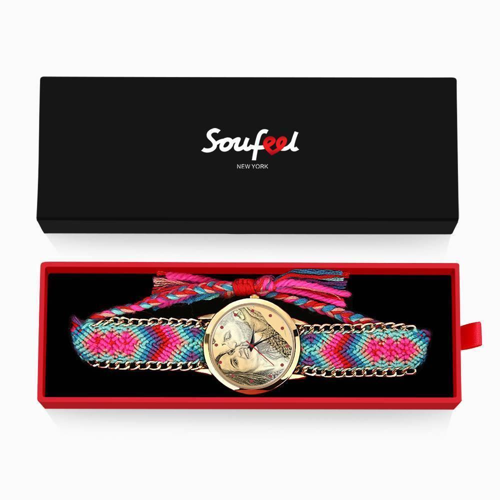 Women's Gold Photo Engraved Watch Braided Color Rope Strap 40mm