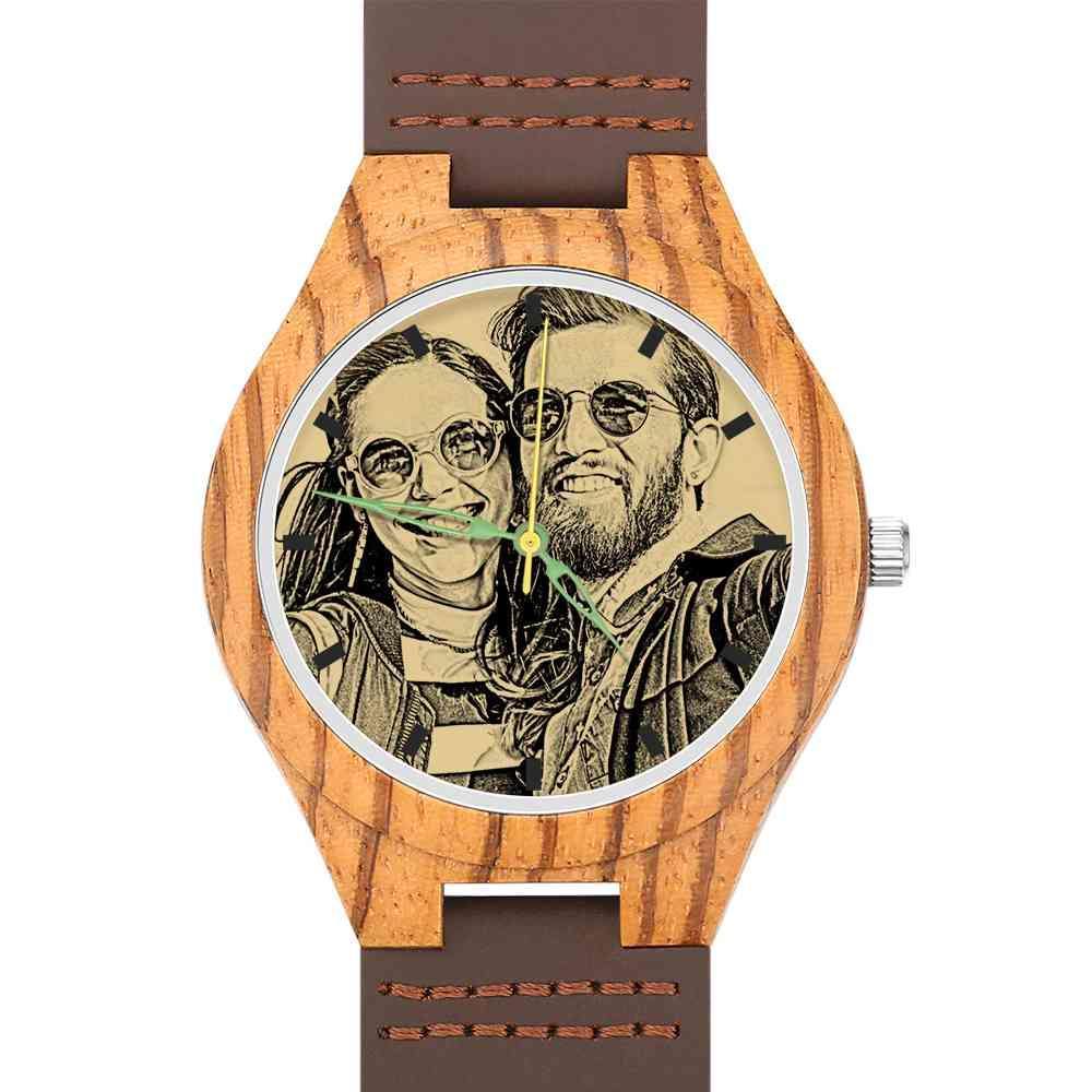 Men's Engraved Wooden Photo Watch Brown Leather Strap 45mm - MadeMineAU
