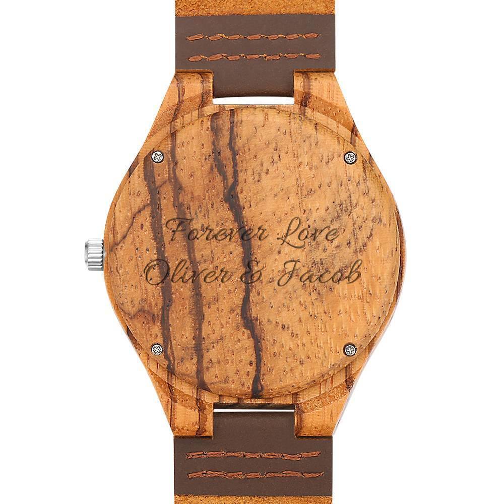 Men's Engraved Wooden Photo Watch Brown Leather Strap 45mm