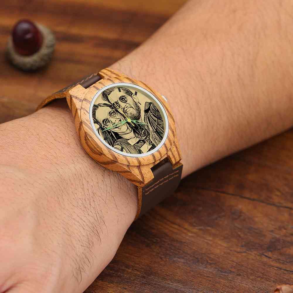 Men's Engraved Wooden Photo Watch Brown Leather Strap 45mm - MadeMineAU