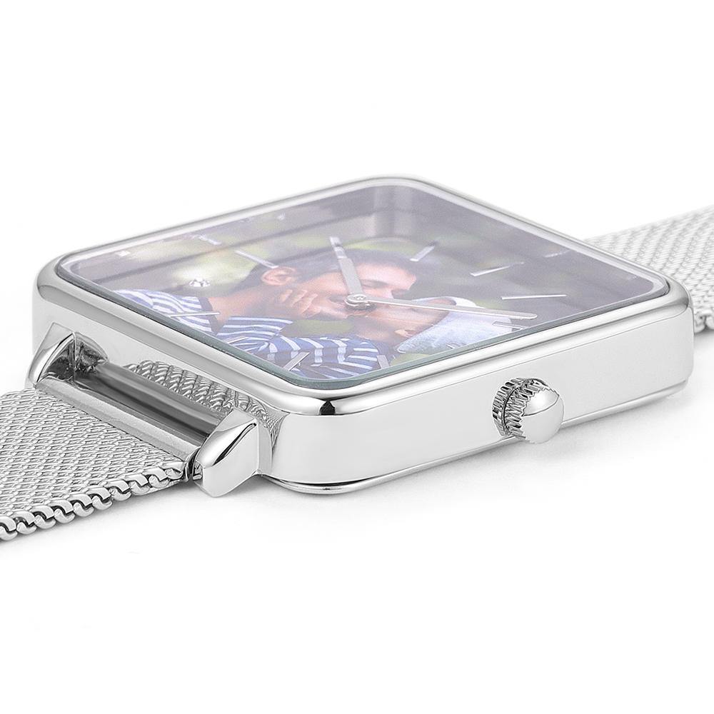 Custom Couple Watch Engraved Photo Watch - Silver Square Case Watch - MadeMineAU
