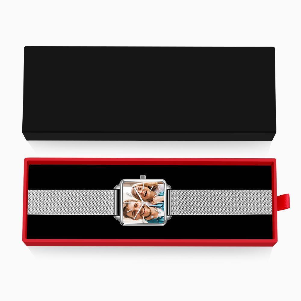 Custom Couple Watch Engraved Photo Watch - Silver Square Case Watch - MadeMineAU
