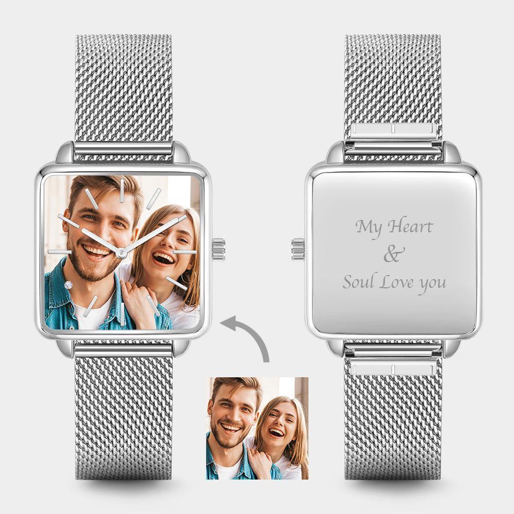Custom Couple Watch Engraved Photo Watch - Silver Square Case Watch - MadeMineAU