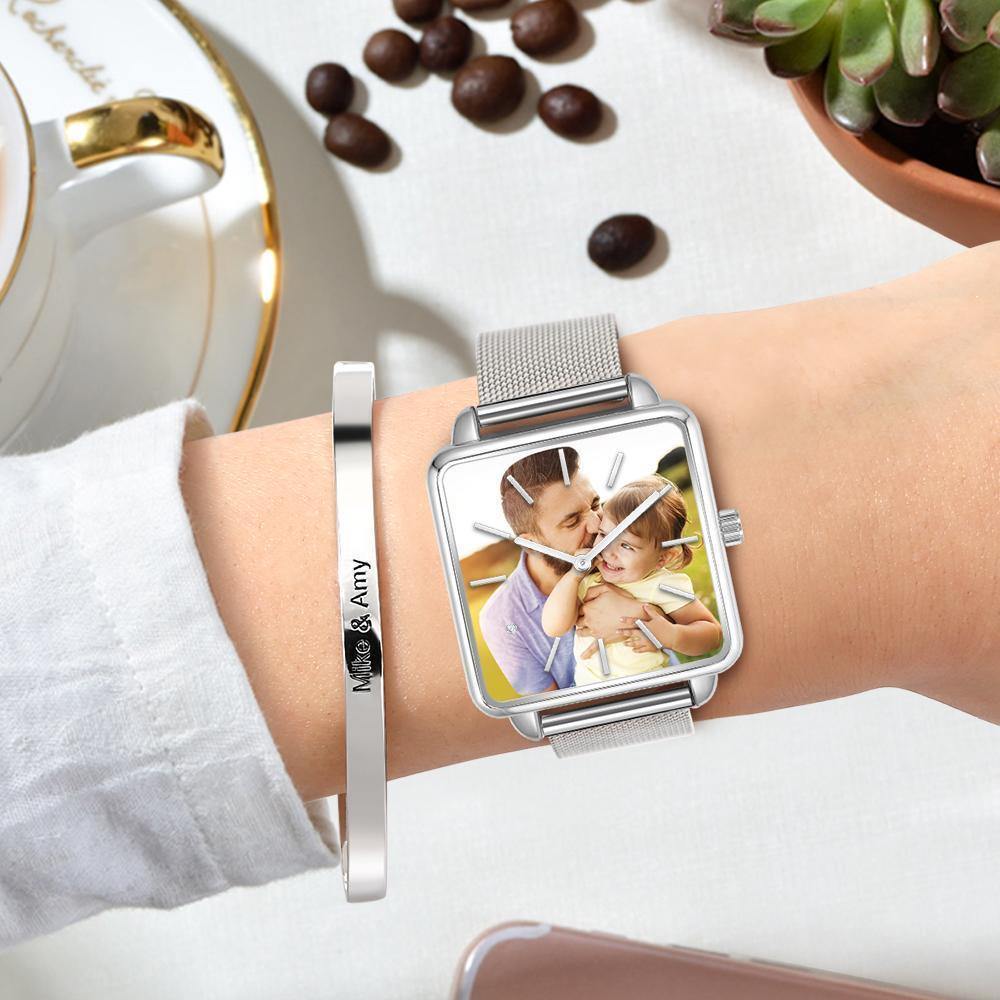 Custom Couple Watch Engraved Photo Watch - Silver Square Case Watch - MadeMineAU