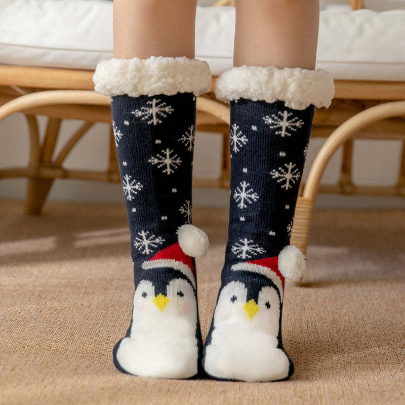 Christmas Socks Plush Coral Fleece Winter Home Floor Socks Navy Blue Slipper Socks - Penguin - MadeMineAU