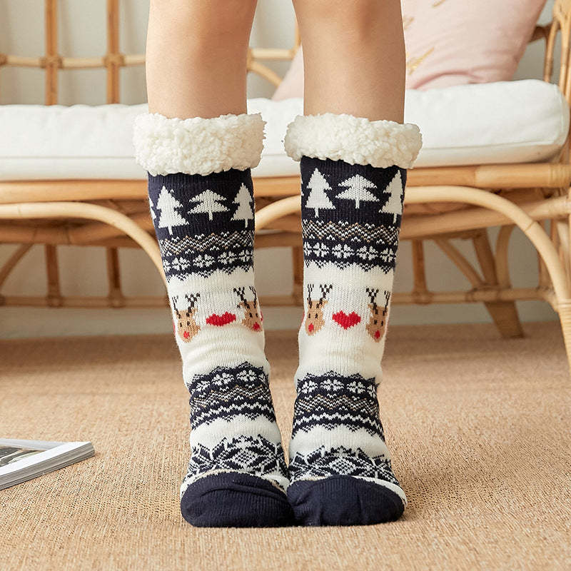 Christmas Socks Plush Coral Fleece Winter Home Floor Socks Navy Blue Slipper Socks - Love Deer - MadeMineAU