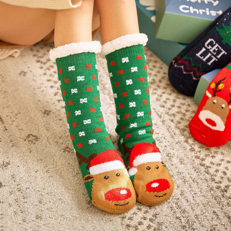 Christmas Socks Plush Coral Fleece Winter Home Floor Socks Green Slipper Socks - Elk - MadeMineAU