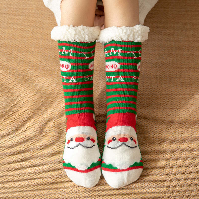 Christmas Socks Plush Coral Fleece Winter Home Floor Socks Green Striped Slipper Socks - Santa Claus - MadeMineAU