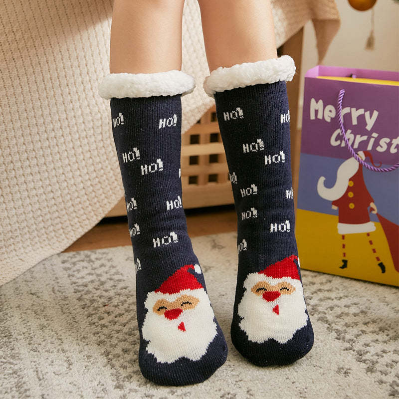 Christmas Socks Plush Coral Fleece Winter Home Floor Socks Navy Blue Slipper Socks - Santa Claus - MadeMineAU