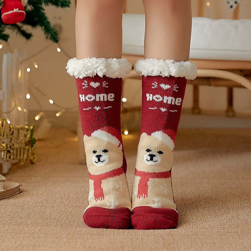 Christmas Socks Plush Coral Fleece Winter Home Floor Socks Red Slipper Socks - Scarf Bear - MadeMineAU