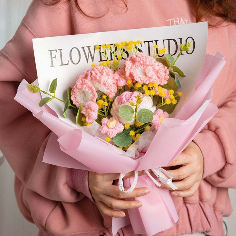 Crochet Flowers Bouquet Handmade Knitted Carnation Bouquet with Light Strip Gift for Her - MadeMineAU
