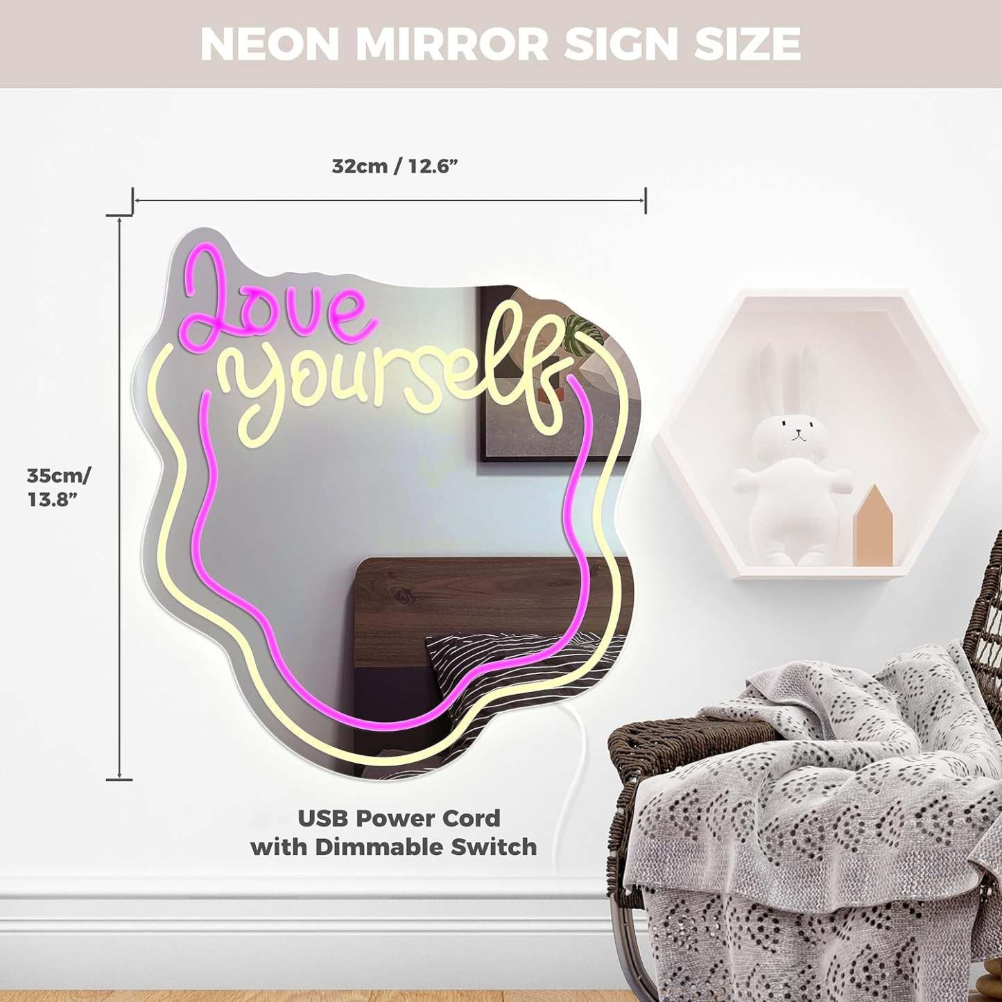 Love Yourself Mirror Light for Wall Wavy Neon Mirror LED Dimmable Light Gift for Her - MadeMineAU