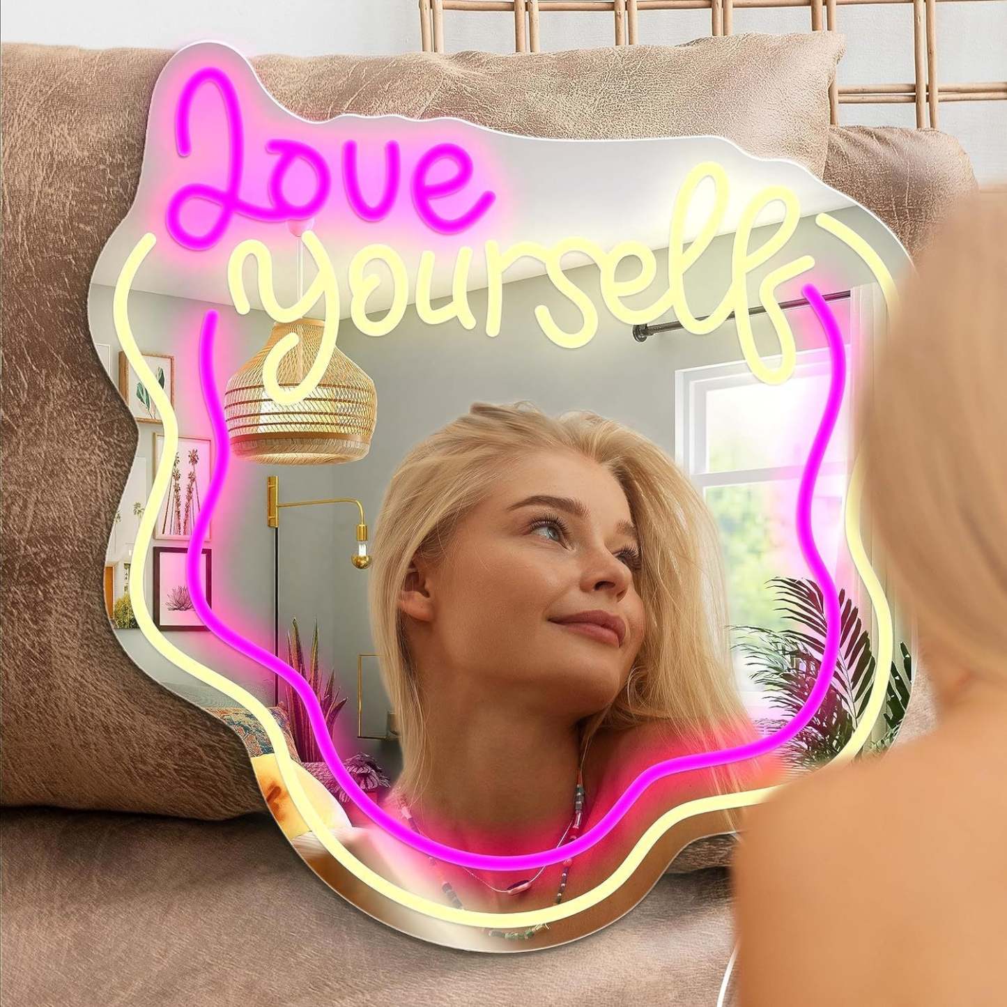 Love Yourself Mirror Light for Wall Wavy Neon Mirror LED Dimmable Light Gift for Her - MadeMineAU