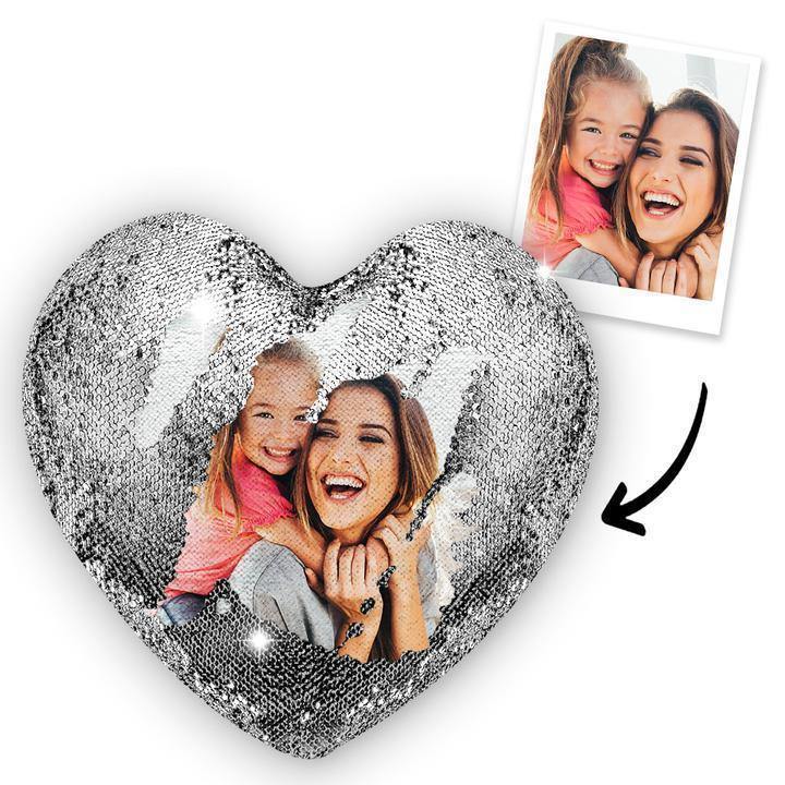 Gift for Mom Custom Photo Magic Heart Sequins Pillow-Silver - MadeMineAU