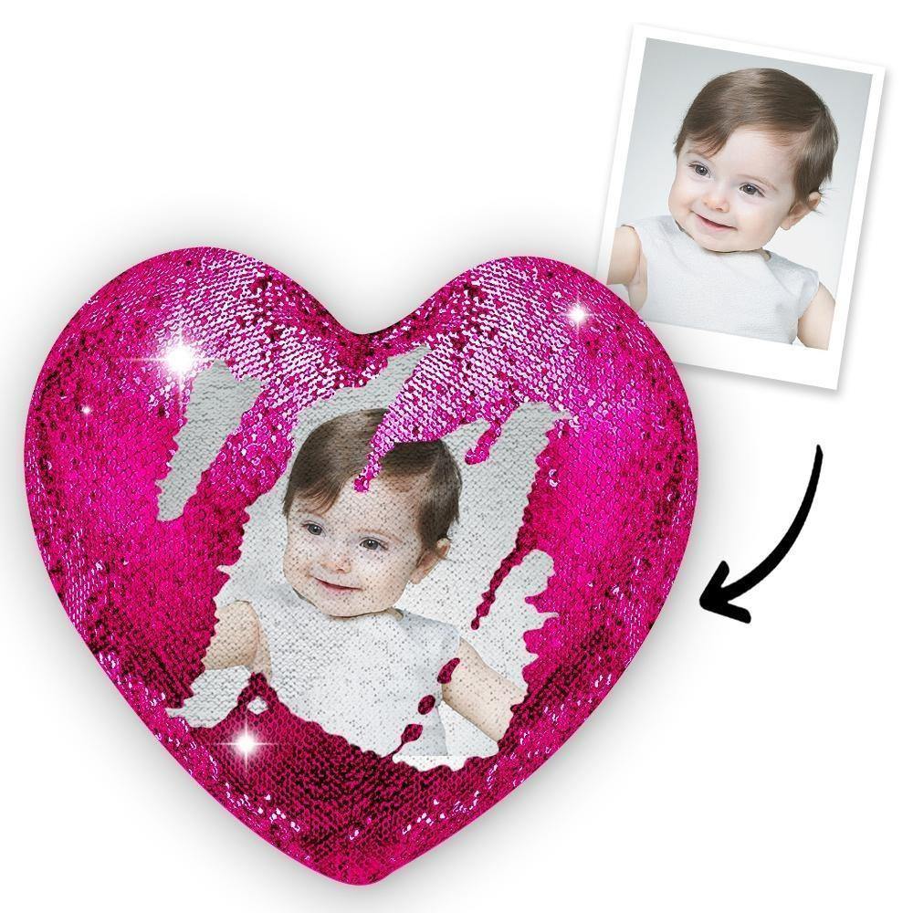 Gift for Mom Custom Photo Magic Heart Sequins Pillow-Silver - MadeMineAU