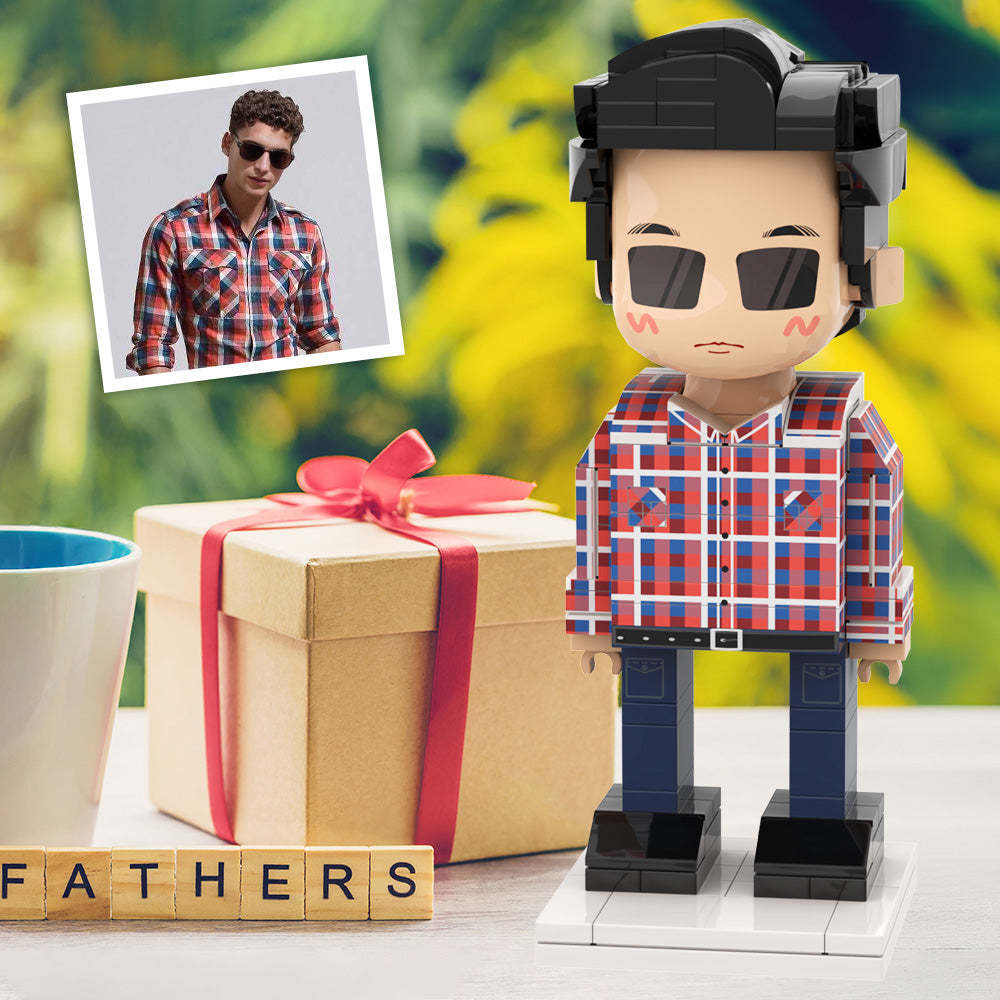 Full Body Duddu Brick Figures Customizable 1 Person Custom Brick Figures Small Particle Block Toy Brick Me Figures For Daddy in Plaid Purple Shirt On Father's Day - MyCustomBrickheadz