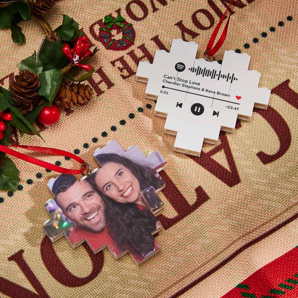 Christmas Ornament Personalized Building Brick Custom Music Code Heart Photo Block - MyCustomBrickheadz