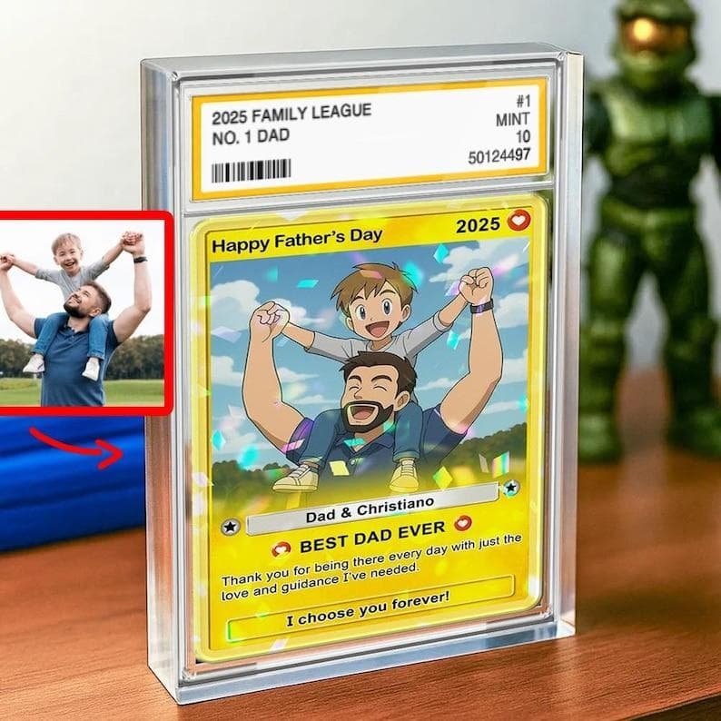 Custom Photo Father's Day Anime Trading Card, Anime Photo Block, New Dad Gift, Fathers Day Gift, Game Dad Gift From Kids, Gamer Husband Gift