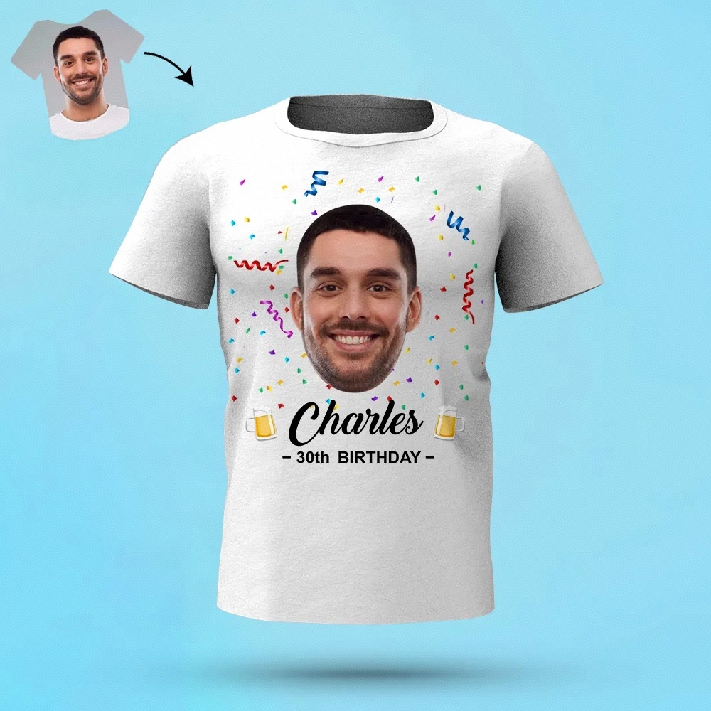 カスタムフェイスTシャツ-お誕生日おめでとうの名前と年齢入れ可能なオリジナルシャツギフト