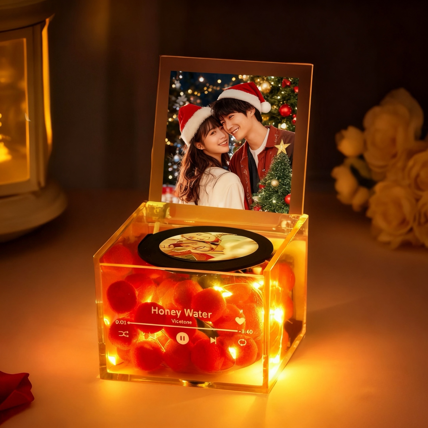 ミニ音楽レコード自動音楽プレーヤーカスタム写真ライト付きパーソナライズ音楽アクリルボックス