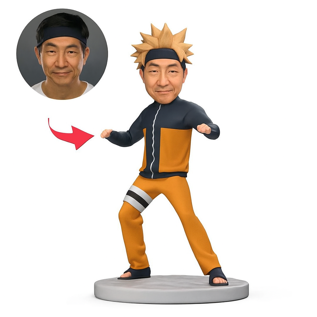 黒とオレンジのスポーツスーツを着た男性用カスタムボブルヘッド(文字刻印入りギフト)