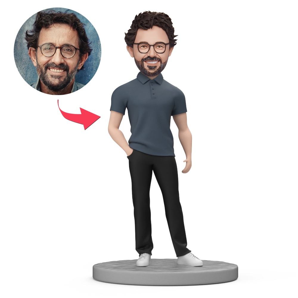 お父さんへのプレゼント スポーツウェアを着たカジュアルなお父さん カスタムボブルヘッド(文字刻印入り) - MademineJP