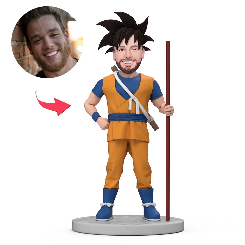 青とオレンジのスポーツスーツを着て棒を持った男性,刻印入りのカスタムボブルヘッドギフト - MademineJP