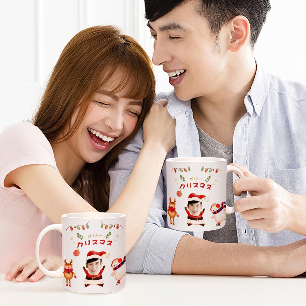 カスタムフェイスマグカップ-写真入り可能なクリスマストナカイと小熊柄マグカップギフト