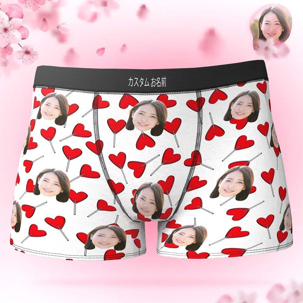 カスタムフォトボクサーパンツ-写真とテキスト入り可能なキャンデーハート柄の下着彼氏や旦那へのバレンタインギフト