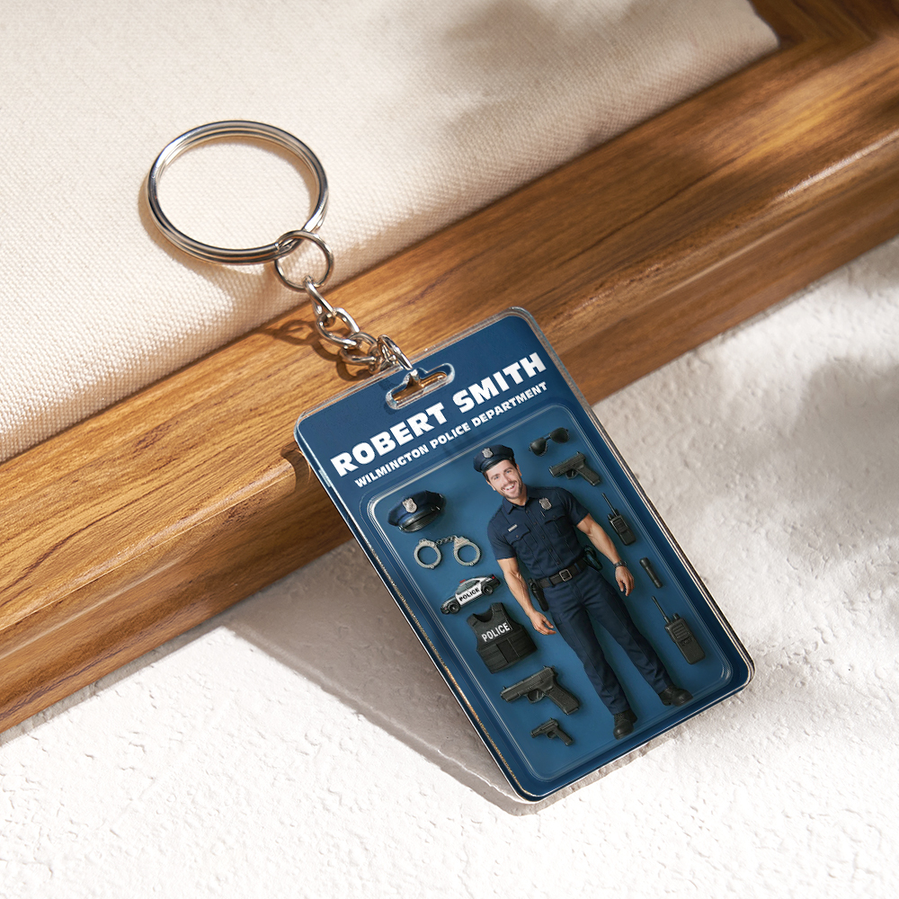 カスタム3d効果アクションフィギュアカスタマイズ可能なヘッドパッケージおもちゃ箱スタイルのアートギフトパーソナライズされたアクリルキーチェーン警察官へのギフト -